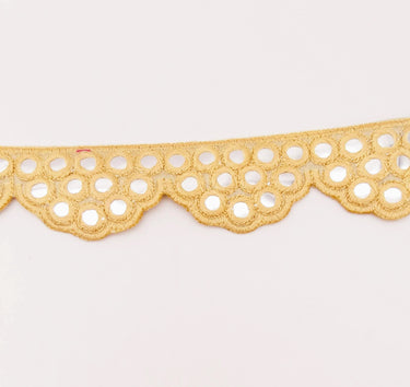 Beige Mirror Trim, Kutch Embroidered Navratri Garba Dress Trim Bridal Lace, Indian Sari Border 40 mm Wide Trim Per Yard